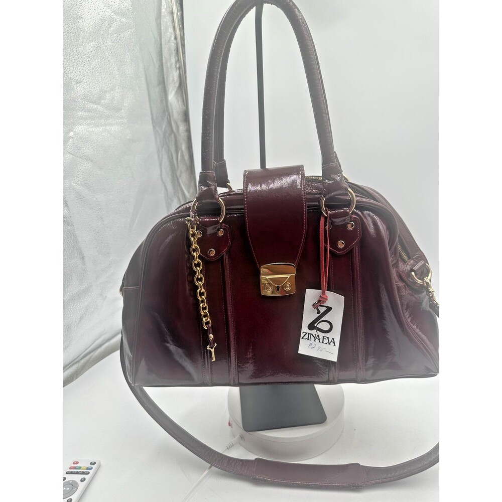 Zina Eva Burgundy Patent Leather Satchel Bag Gold Hardware Crossbody NWT/FLAW - Picture 4 of 10